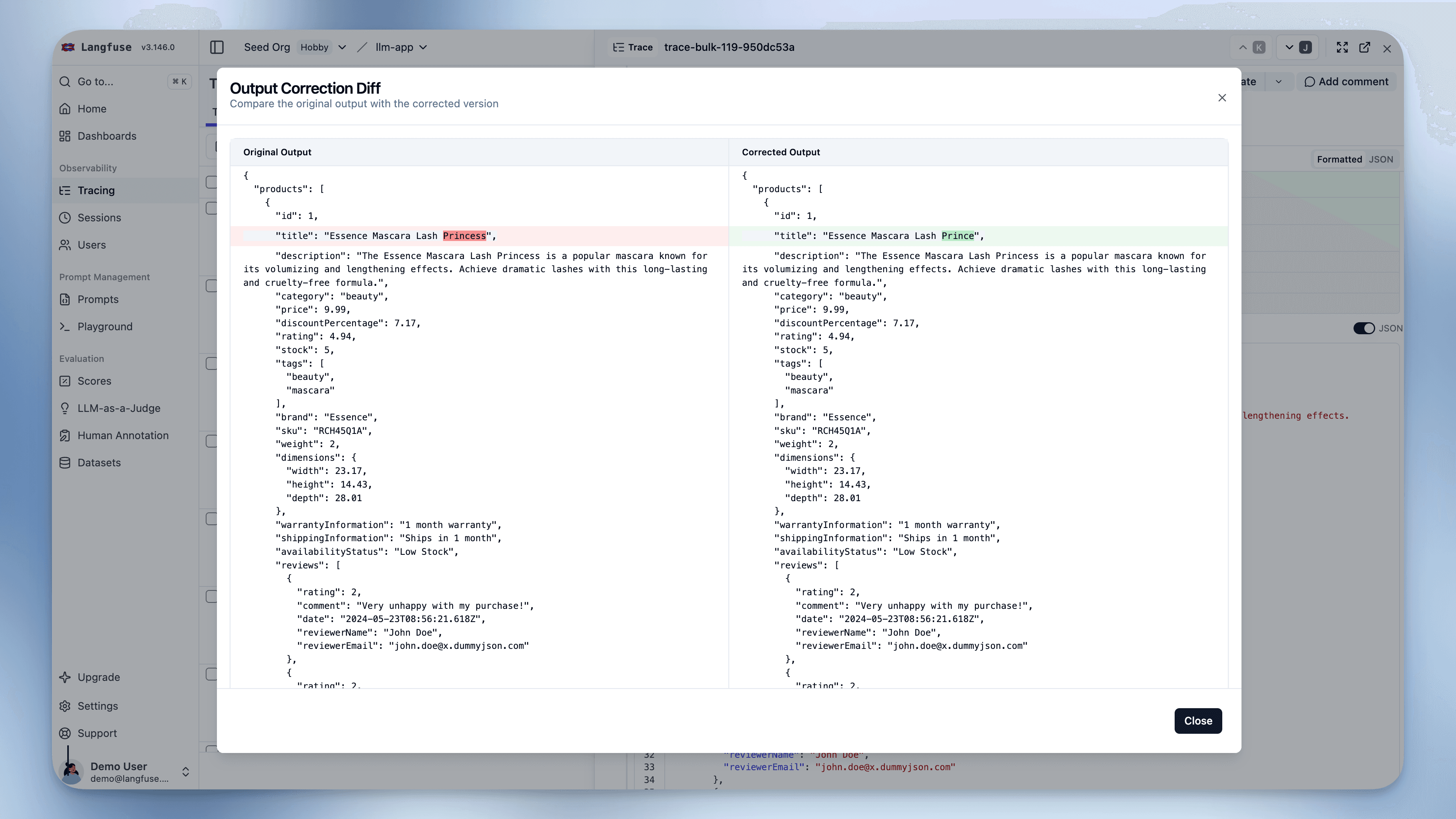 Corrected output with diff view