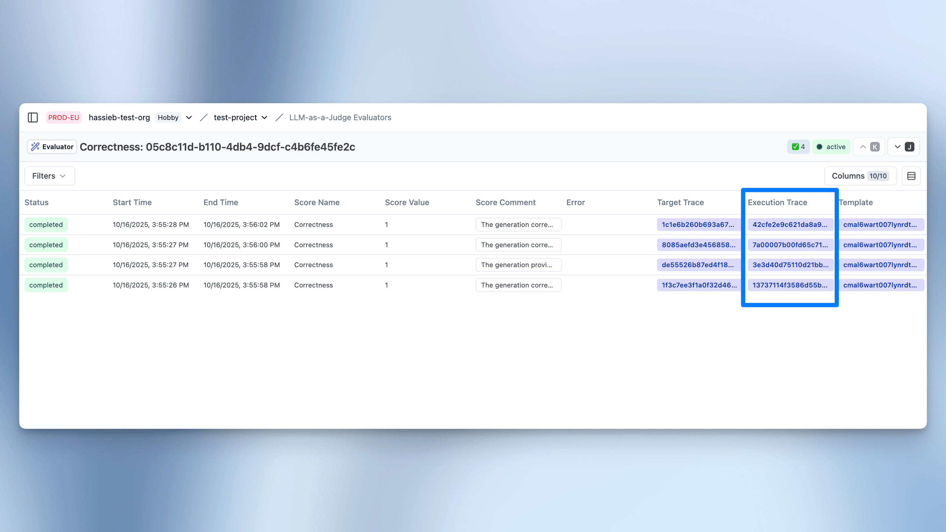 Evaluator logs with execution traces
